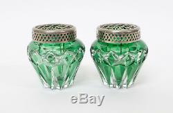 2 Antique Belgian Crystal Green Cut Flower Pic Vases VAL-SAINT-LAMBERT c1900