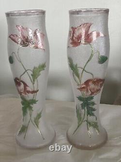 2 Antique Mont Joye French Art Glass Nouveau Chipped Ice Frosted Floral Vases