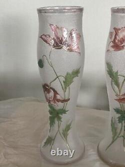 2 Antique Mont Joye French Art Glass Nouveau Chipped Ice Frosted Floral Vases