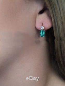 2 CT Green Emerald Diamond Vintage Art Deco 14K Gold Over Antique Earring
