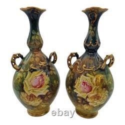 2 Royal Bonn Vases c1890-1920 Franz Anton Mehlem Handpainted Roses Art Nouveau
