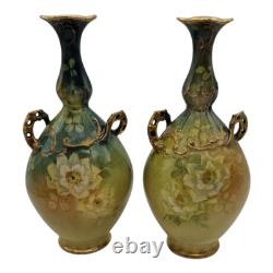 2 Royal Bonn Vases c1890-1920 Franz Anton Mehlem Handpainted Roses Art Nouveau
