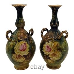2 Royal Bonn Vases c1890-1920 Franz Anton Mehlem Handpainted Roses Art Nouveau