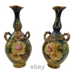 2 Royal Bonn Vases c1890-1920 Franz Anton Mehlem Handpainted Roses Art Nouveau