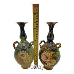 2 Royal Bonn Vases c1890-1920 Franz Anton Mehlem Handpainted Roses Art Nouveau