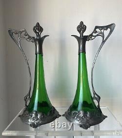 2 WMF Silverplate Green Crystal Pitcher Jugs Ladies Jugendstil Art Nouveau Deco