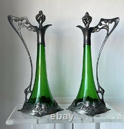 2 WMF Silverplate Green Crystal Pitcher Jugs Ladies Jugendstil Art Nouveau Deco