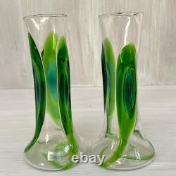 2 x Antique Stuart & Sons Green Art Glass Cairngorm Peacock Eye Trail 6 Vases