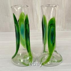2 x Antique Stuart & Sons Green Art Glass Cairngorm Peacock Eye Trail 6 Vases