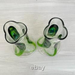 2 x Antique Stuart & Sons Green Art Glass Cairngorm Peacock Eye Trail 6 Vases