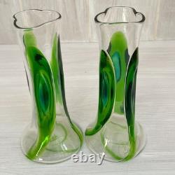 2 x Antique Stuart & Sons Green Art Glass Cairngorm Peacock Eye Trail 6 Vases