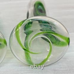 2 x Antique Stuart & Sons Green Art Glass Cairngorm Peacock Eye Trail 6 Vases