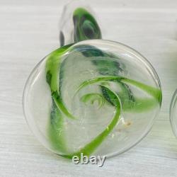 2 x Antique Stuart & Sons Green Art Glass Cairngorm Peacock Eye Trail 6 Vases