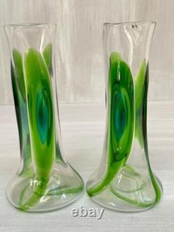 2 x Antique Stuart & Sons Green Art Glass Cairngorm Peacock Eye Trail 6 Vases
