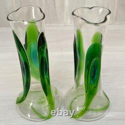 2 x Antique Stuart & Sons Green Art Glass Cairngorm Peacock Eye Trail 6 Vases