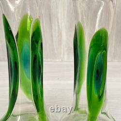 2 x Antique Stuart & Sons Green Art Glass Cairngorm Peacock Eye Trail 6 Vases
