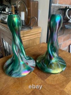 2 x Antique c1900 Rindskopf Art Nouveau Glass Vase Iridescent Twist Bohemian