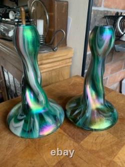 2 x Antique c1900 Rindskopf Art Nouveau Glass Vase Iridescent Twist Bohemian