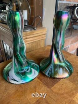 2 x Antique c1900 Rindskopf Art Nouveau Glass Vase Iridescent Twist Bohemian