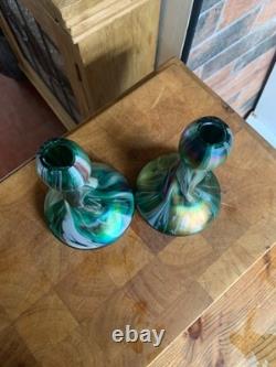 2 x Antique c1900 Rindskopf Art Nouveau Glass Vase Iridescent Twist Bohemian