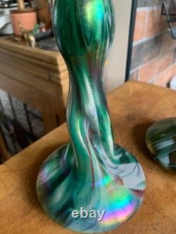 2 x Antique c1900 Rindskopf Art Nouveau Glass Vase Iridescent Twist Bohemian