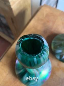 2 x Antique c1900 Rindskopf Art Nouveau Glass Vase Iridescent Twist Bohemian