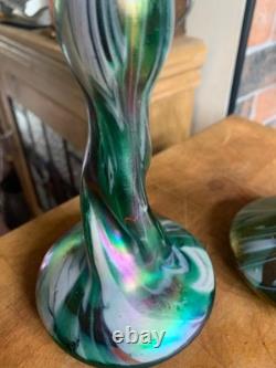 2 x Antique c1900 Rindskopf Art Nouveau Glass Vase Iridescent Twist Bohemian