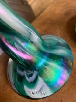2 x Antique c1900 Rindskopf Art Nouveau Glass Vase Iridescent Twist Bohemian