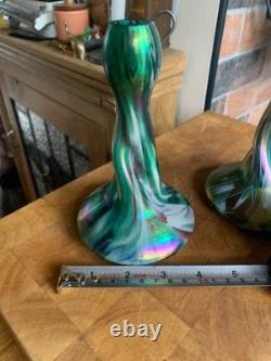 2 x Antique c1900 Rindskopf Art Nouveau Glass Vase Iridescent Twist Bohemian
