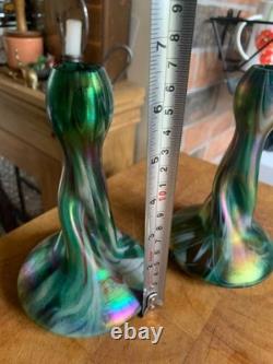 2 x Antique c1900 Rindskopf Art Nouveau Glass Vase Iridescent Twist Bohemian