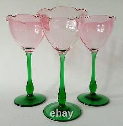 3 Art Nouveau Bohemian Meyrs Neffe Pink Green Tulip Wine Glasses c 1910 antique