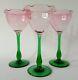 3 Art Nouveau Bohemian Meyrs Neffe Pink Green Tulip Wine Glasses C 1910 Antique