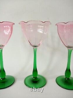 3 Art Nouveau Bohemian Meyrs Neffe Pink Green Tulip Wine Glasses c 1910 antique