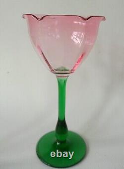 3 Art Nouveau Bohemian Meyrs Neffe Pink Green Tulip Wine Glasses c 1910 antique