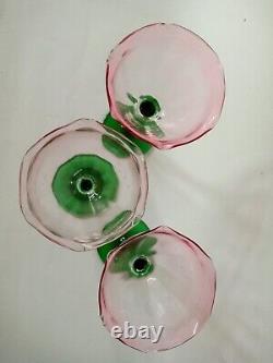 3 Art Nouveau Bohemian Meyrs Neffe Pink Green Tulip Wine Glasses c 1910 antique