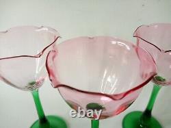 3 Art Nouveau Bohemian Meyrs Neffe Pink Green Tulip Wine Glasses c 1910 antique