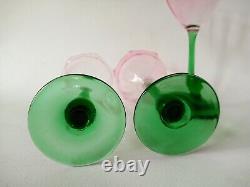 3 Art Nouveau Bohemian Meyrs Neffe Pink Green Tulip Wine Glasses c 1910 antique