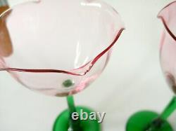 3 Art Nouveau Bohemian Meyrs Neffe Pink Green Tulip Wine Glasses c 1910 antique