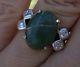 40ct Asscher Diamond And Green Stone Appears To Be Jade 18k Yg Vintage Ring