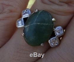 40ct Asscher diamond and green stone appears to be jade 18k YG vintage ring