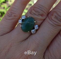 40ct Asscher diamond and green stone appears to be jade 18k YG vintage ring