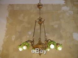 6 Light Art Nouveau Cherubs Chandelier Brass Satined Green Glass Lamp