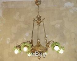 6 Light Art Nouveau Cherubs Chandelier Brass Satined Green Glass Lamp