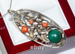 800 Silver Antique Art Nouveau Pendant Turquoise And Coral