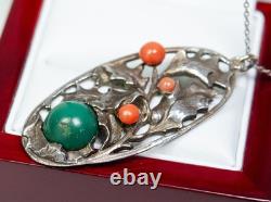 800 Silver Antique Art Nouveau Pendant Turquoise And Coral