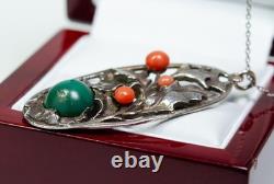 800 Silver Antique Art Nouveau Pendant Turquoise And Coral 800 Silver Antique Art Nouveau Pendant Turquoise And Coral