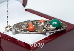 800 Silver Antique Art Nouveau Pendant Turquoise And Coral