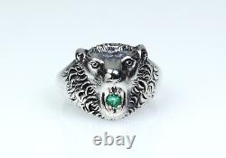 835 Silver Antique Art Nouveau Ring 0.10 ct Emerald Lion Head