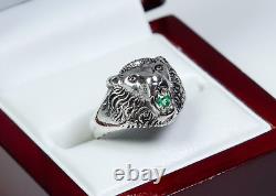 835 Silver Antique Art Nouveau Ring 0.10 ct Emerald Lion Head