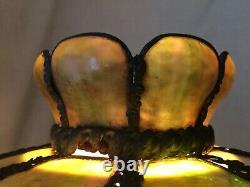 8 Bent Panel Green Slag Glass Table Hanging Lamp Shade Pierced Metal Work 21D